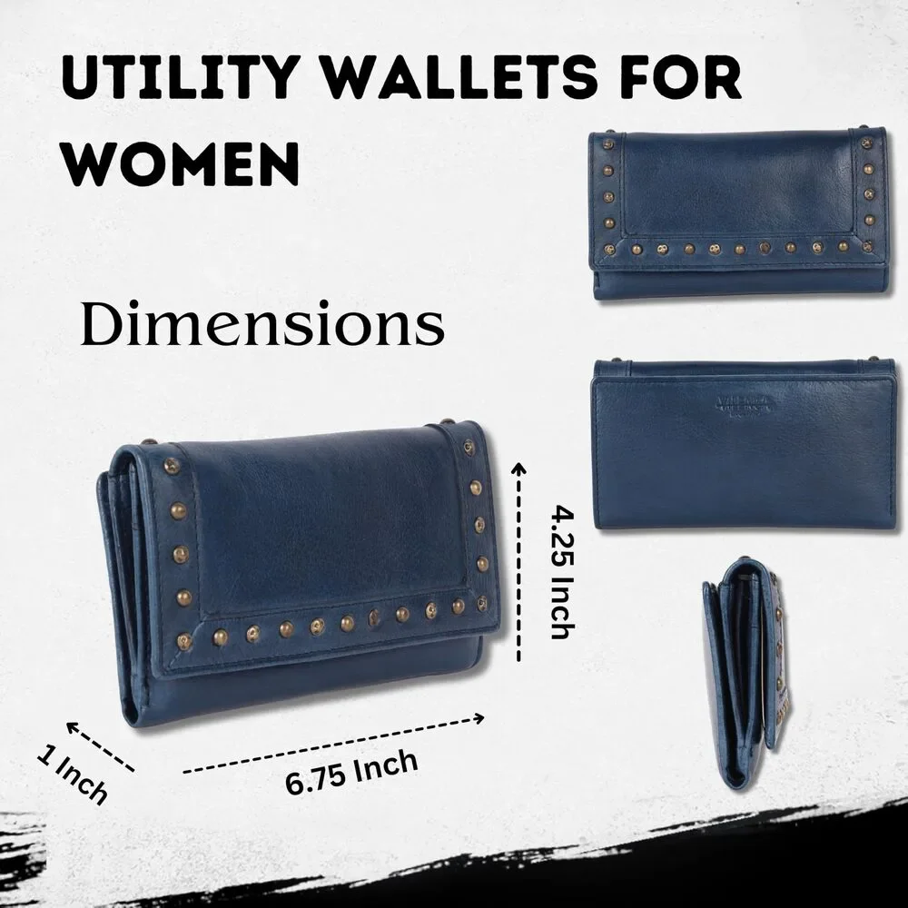 Leather Fold-Over Wallet with Stud Detail - Blue